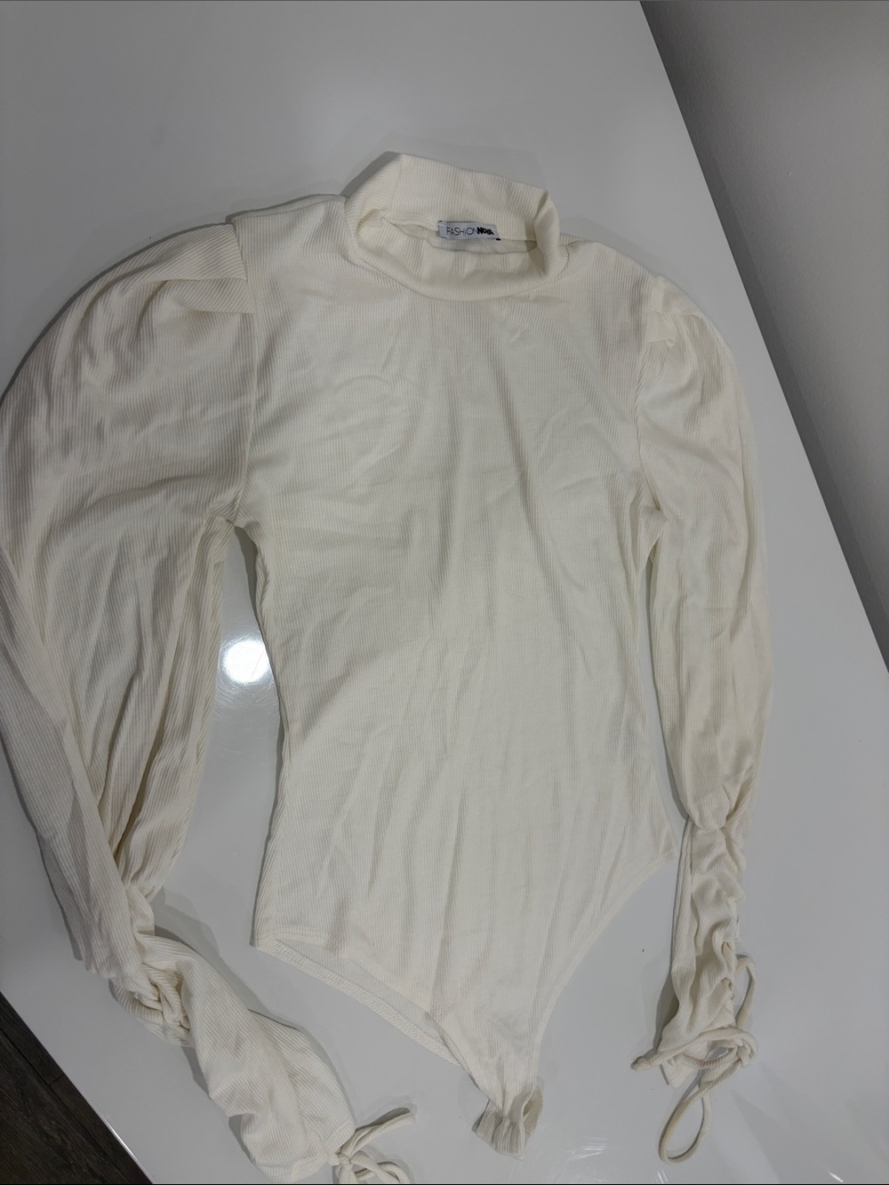 Fashion Nova Cream Ribbed Mock Neck Long Sleeve Bodysuit